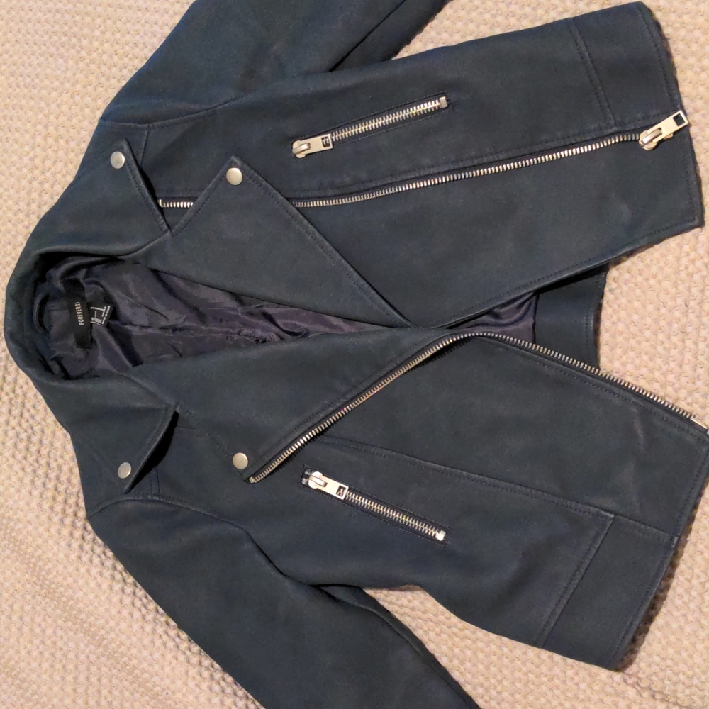 Slate Blue Crossbody Zipper Faux Leather Jacket (size S)